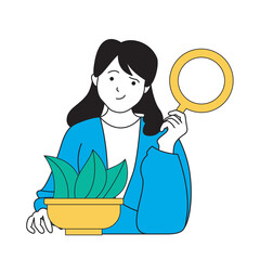 Aufkleber - Science laboratory concept with cartoon people in flat design for web. Scientist with magnifier analyzing plants for botany research. Vector illustration for social media banner, marketing material.
