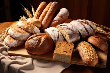 Wall Mural -  a wooden cutting board topped with loaves of bread next to a loaf of bread and a loaf of bread.