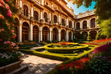 Canvas Print - view of a classic palace surrounded by lush, vibrant gardens in full bloom