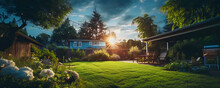 Backyard Sunset In A Suburban Neighbourhood, Green Lush Grass, Patios Furniture And Plants All Over With A Nice Golden Glow From A Setting Sun