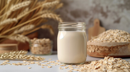 Whole grain cereal flakes and milk. Wholegrain breakfast cereals isolated on white background.