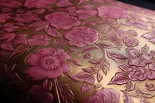  A Close Up Of A Pink And Gold Floral Design On A Sheet Of Metallic Foil With Pink Flowers On It.
