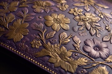  a close up of a purple and gold floral design on a purple and gold leather case with gold embellishments.