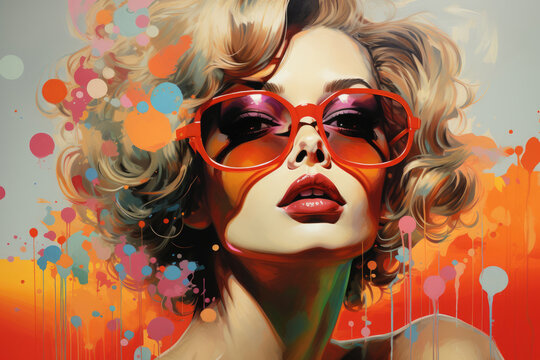 Beauty portrait of a woman in sunglasses in pop art style