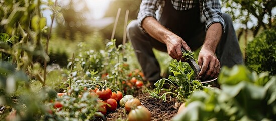 Fototapete - A man with a harvest of vegetables in the garden Selective focus Food. Copy space image. Place for adding text or design