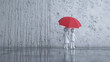 A couple of white stick figure is taking a walk while rain with a red umbrella. Generative AI