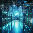 cyber server cloud data storage modern data center with organized server racks emitting soft blue glow
