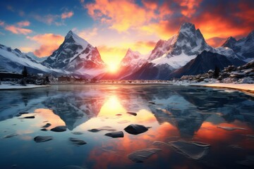 Wall Mural -  the sun is setting over a mountain range with a lake in the foreground and snow covered mountains in the background.