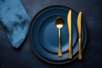 Wall Mural -  a close up of a plate with a fork and a knife on it with a blue napkin on the side.