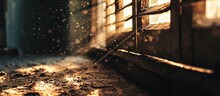 A Ray Of Sun Coming Through The Wooden Shutters Illuminates Dust On The Inside Of A Dark Room Close Up Selective Focus Vintage Background. Copy Space Image. Place For Adding Text Or Design
