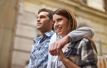 Wall Mural - Happiness, hug and couple walking on relax date, morning trip and holiday tour to explore urban Italy on outdoor adventure. Love, travel and bonding boyfriend, girlfriend or people smile on commute