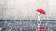 A white stick figure is taking a walk while rain with a red  umbrella. Generative AI