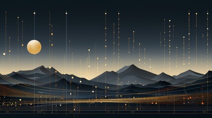 Nighttime mountain landscape with a full moon and infographic lines and dots