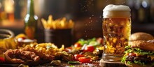 Beer Toss Over A Top View Of A Table Full Of Fast Food Including Hamburgers Potato Chips Club Sandwich Chicken Nuggets And Onion Rings On A Rustic Table. Copy Space Image