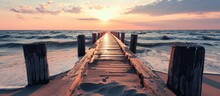 Beautiful Sunset At The Wooden Jetty At The Beach. Copy Space Image. Place For Adding Text Or Design