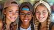 © OKAN - Three smiling girls wearing hats and stylish glasses closeup