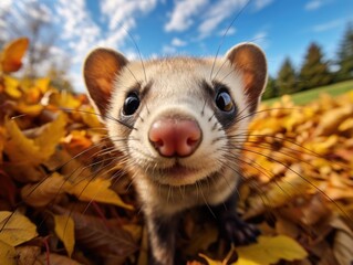 Wall Mural - Close-up of a ferret's face looking at the camera. An animal in a natural environment. Funny polecat. Nature background. Illustration for cover, card, interior design, banner, brochure, etc.