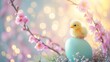 A gentle spring scene with a plush toy chick nestled inside an oversized pastel painted Easter egg against a Pastel Bokeh Background