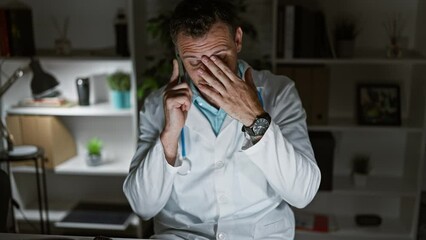 Poster - A tired healthcare worker in a clinic office, wearing a lab coat with a stethoscope, engages in a serious phone conversation.