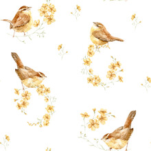 Watercolor Seamless Pattern With Cute Sparrow And Little Yellow Flowers . Hand-drawn Adorable Birds, Branch, Flowers. Springtime Background