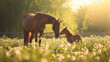 An artistic photograph of a serene mare and her curious foal exploring a blooming meadow, with soft backlighting accentuating the graceful contours of their coats, creating a visua
