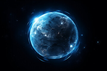 Wall Mural - planet blue spherical fictional abstract in dark space with dots of stars, flashes