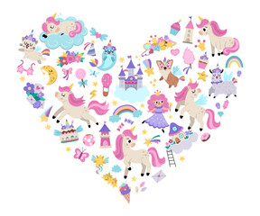 Wall Mural - Vector heart shaped frame for unicorn party. Fairytale card template design for banners, invitations, postcards, social media. Cute magic fantasy world illustration with animals, fairy, rainbow.