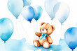 Teddy bear with many blue balloons, cute watercolor, baby shower, baby boy, greeting card template on a white background