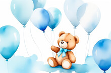 Teddy Bear With Many Blue Balloons, Cute Watercolor, Baby Shower, Baby Boy, Greeting Card Template On A White Background