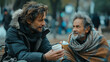 portrait of man giving a cup of coffee to a homeless man with messy hair and dirty cloths on a public park