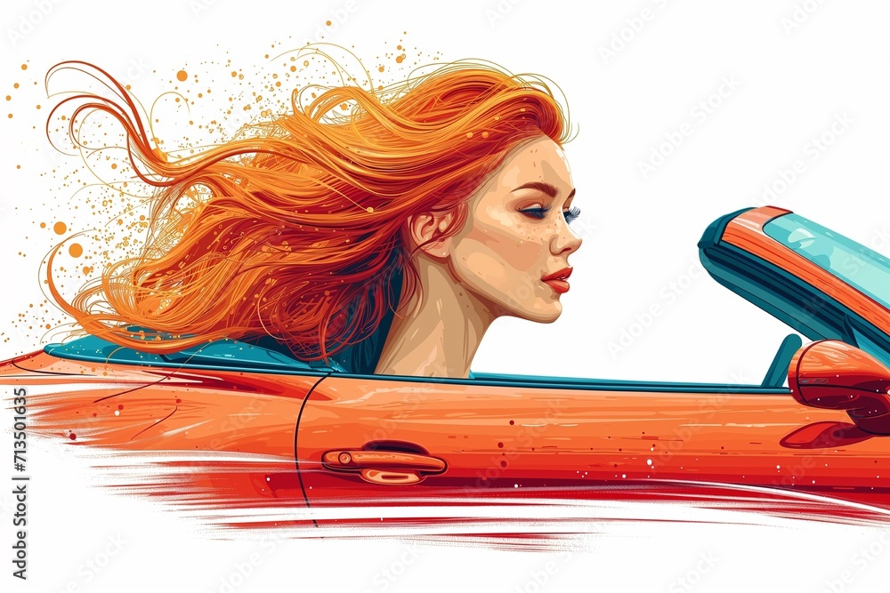 beautiful red-haired woman with long hair is driving a red expensive ...