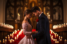 A Tender Moment Of A Couple Exchanging Heartfelt Vows In Front Of A Beautifully Decorated Altar, Symbolizing Everlasting Love On Valentine's Day.