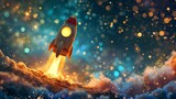 An enchanting cartoon-style rocket ship ascending, embodying goal achievement and aspirations
