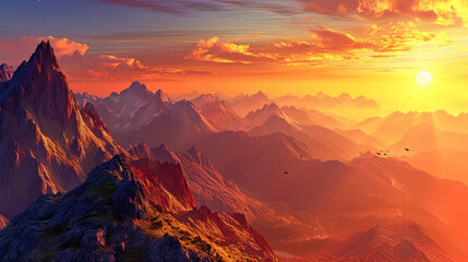 Wall Mural - Mountains painted in warm shades of sunset, like a picture of nature, captivating with its beauty