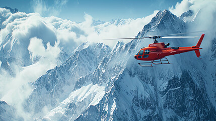 Wall Mural - Mountain peaks framed a flying helicopter, creating a cinematic picture of the adventure in incred