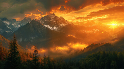 Wall Mural - Sunset paints turn mountains into a picturesque canvas painted into warm, golden and orange shades