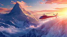 The Helicopter Conquers Air Spaces Above The Mountains, Like A Bird Of Freedom In Its Element