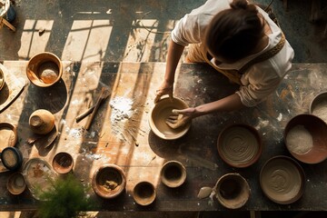 Potter in a spacious, airy workshop, shaping clay on a pottery wheel, focused on crafting with natural light coming through the window