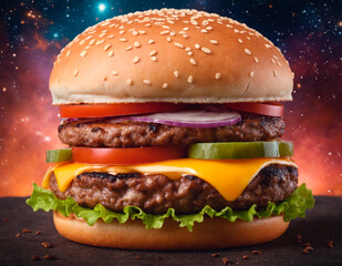 Wall Mural - Big tasty hamburger on the background of cosmic space with stars