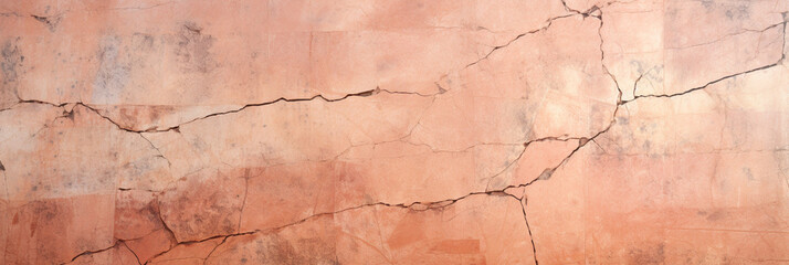 Wall Mural - banner with the texture of a cracked weathered grunge concrete wall,covered with an abstract network of cracks,peach fuzz tinting