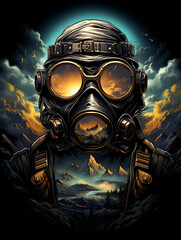 Wall Mural - T-shirt design, steampunk aviator, vintage flying gear, goggles and leather, soaring above clouds, adventurous and nostalgic created with Generative Ai