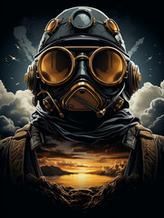 Wall Mural - T-shirt design, steampunk aviator, vintage flying gear, goggles and leather, soaring above clouds, adventurous and nostalgic created with Generative Ai