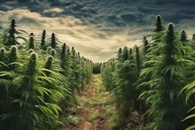 A Plantation With Growing Rows Of Cannabis Or Hemp Plants In A Field On A Farm.