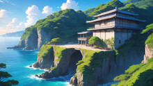 Anime Painting, Grey Concrete Structure On A Cliff, Coastal View, Contemporary, High Contrast, Cell Shading, Strong Shadows, Vivid Hues, Azure Ocean, Lush Vegetation, Tropical, Cosy
