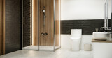 Fototapeta Tulipany - Wooden and black granite wall in Japan bathroom modern Onsen minimal style