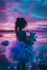 A girl is standing on the shore of the lake in a tutu dress holding a small bear in her hand, the sky is filled with various colors that are mirrored on the lake