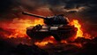the intense silhouette of a burning tank, depicting a dramatic scene of conflict and destruction.