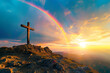 © laetitiae - Mountaintop Cross in God's Light and rainbow. Heavenly Horizon: Cross of Christ in Morning Radiance. Majestic Sunrise: Christ's Cross on the Mountain Summit