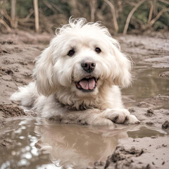 Wall Mural - Happy white fluffy dog laying a mud puddle