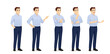 Young business man in blue shirt half turn view different gestures set isolated vector illustration